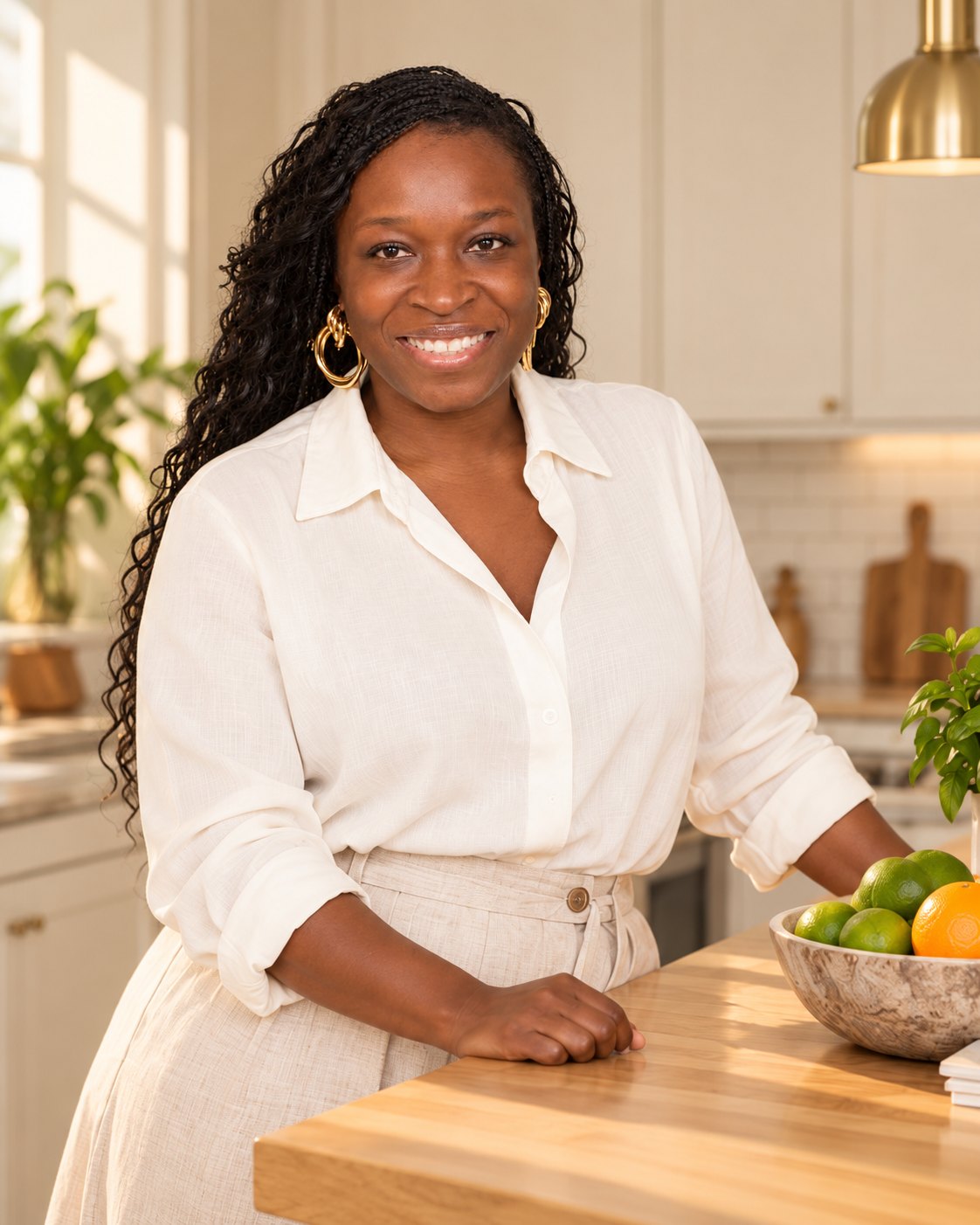 Ashanna smiling in a bright kitchen, leaning on an oak counter beside a bowl of limes and oranges